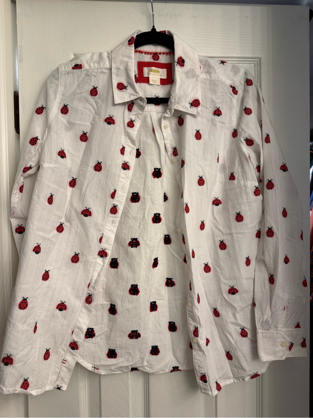 Maeve White Button-Down Shirt with Red Ladybug Motif